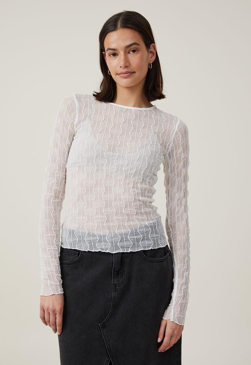 Cotton On - Halle textured mesh crew neck long sleeve top - off white
