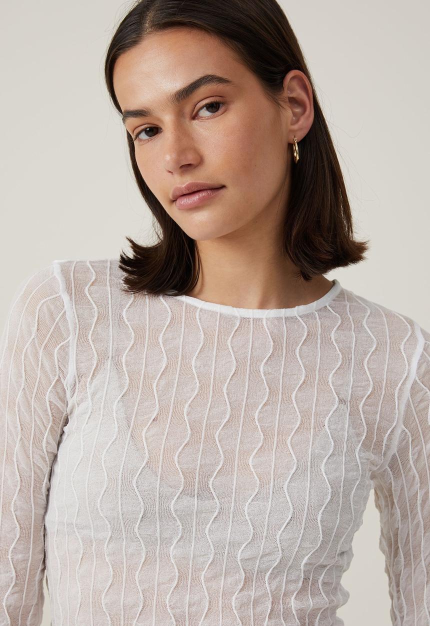 Cotton On - Halle textured mesh crew neck long sleeve top - off white