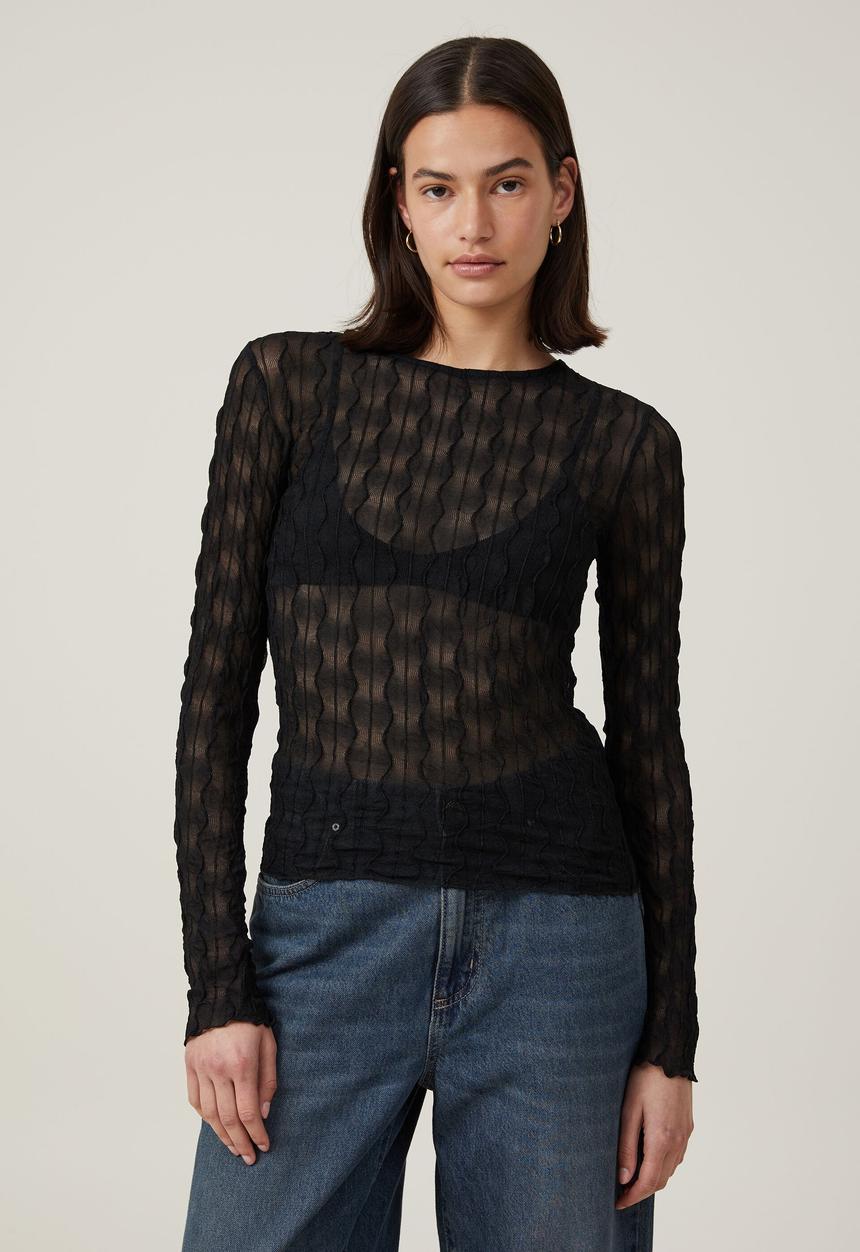 Cotton On - Halle textured mesh long sleeve top - black