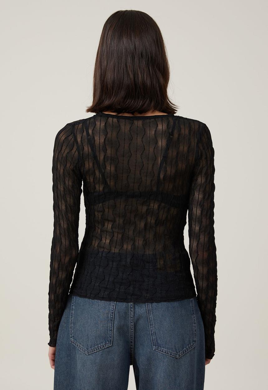 Cotton On - Halle textured mesh long sleeve top - black