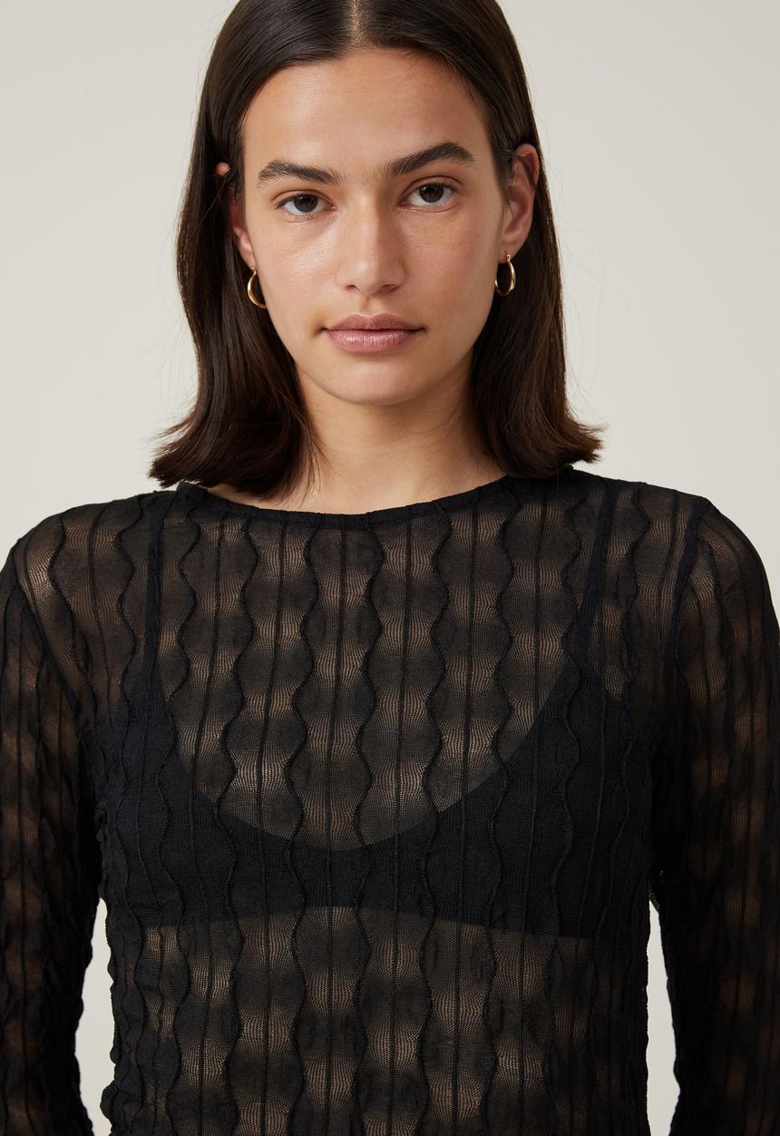 Cotton On - Halle textured mesh long sleeve top - black