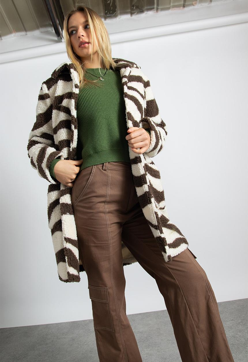 Daisy Street - Swirl print borg coat - chocolate brown and cream