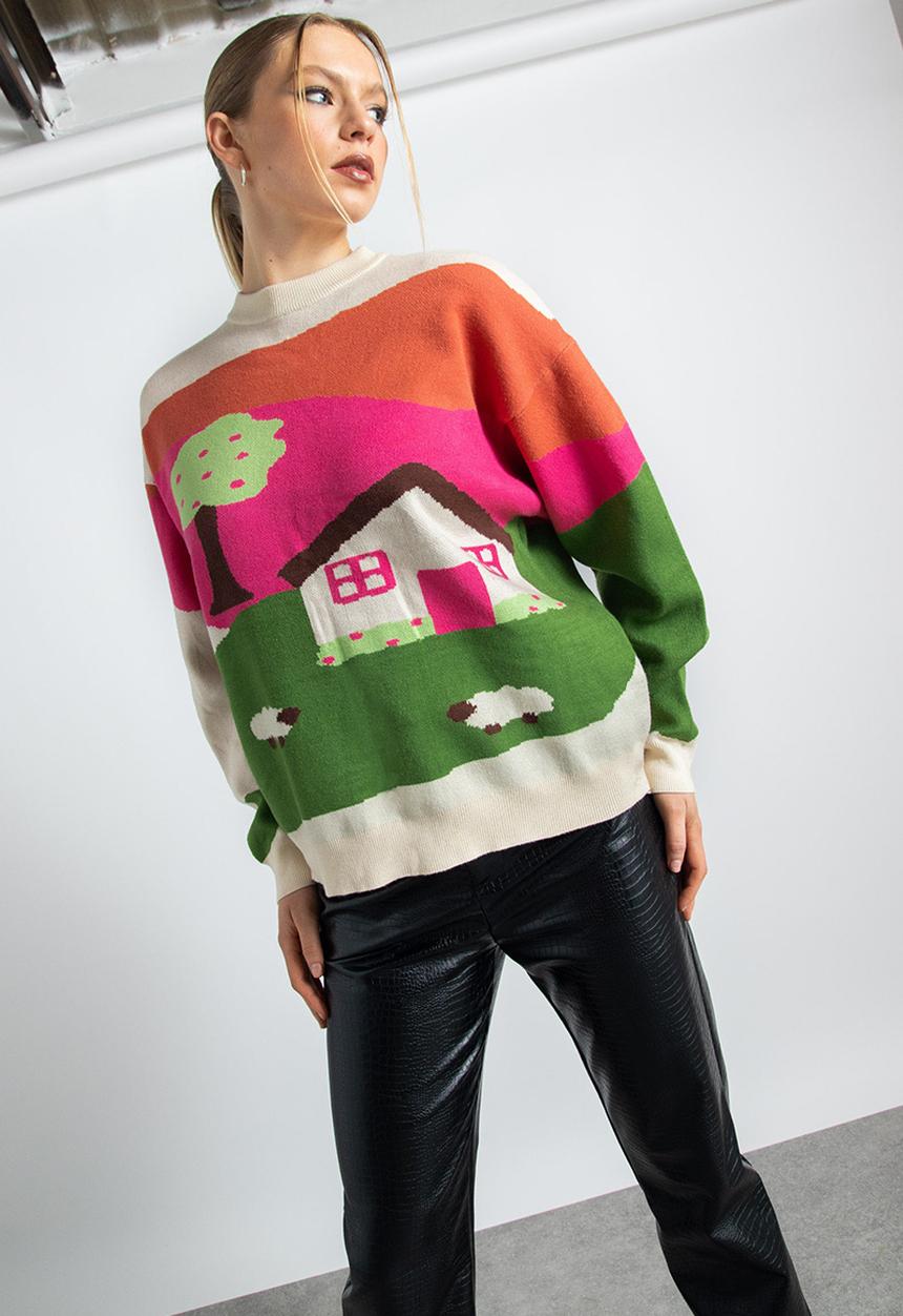 Daisy Street - knitted landscape jumper - multi