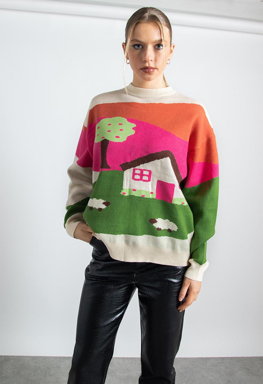 Daisy Street - knitted landscape jumper - multi
