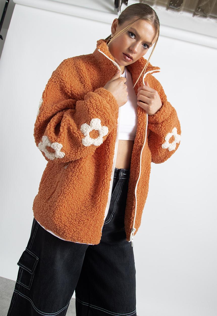Daisy Street - Sleeve detail borg jacket - burnt orange