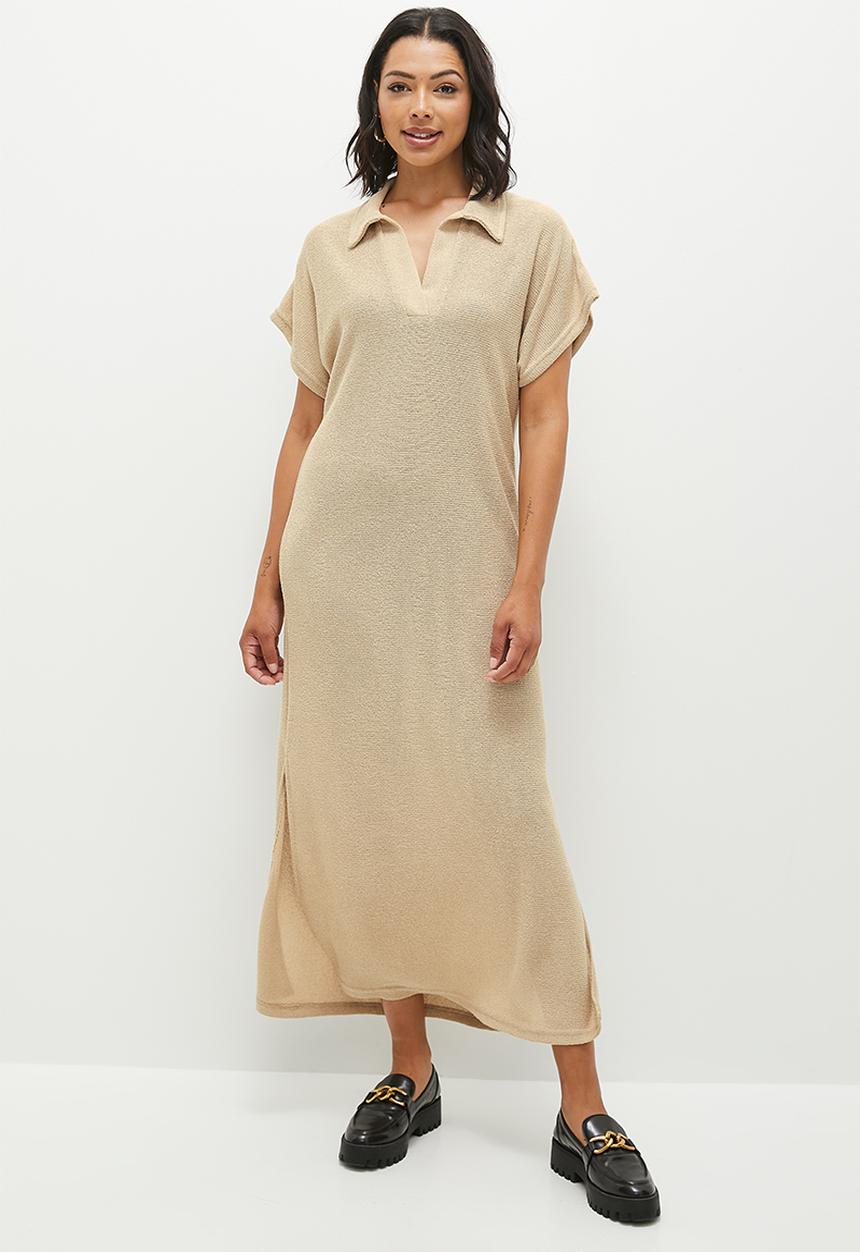Me&B - Collared Maxi Crochet Dress - Stone