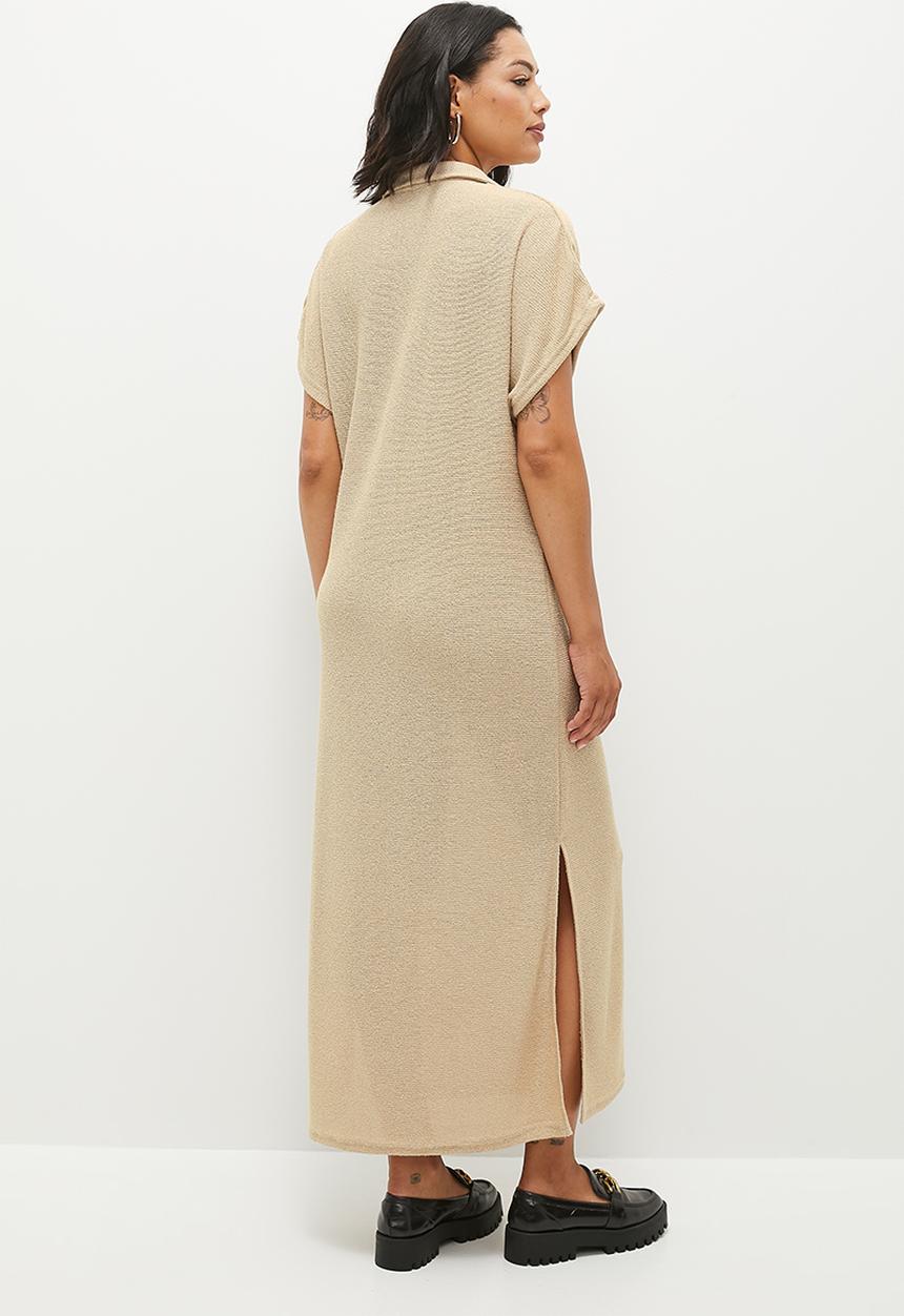 Me&B - Collared Maxi Crochet Dress - Stone