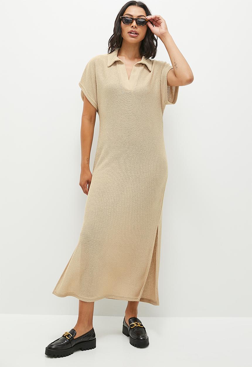 Me&B - Collared Maxi Crochet Dress - Stone