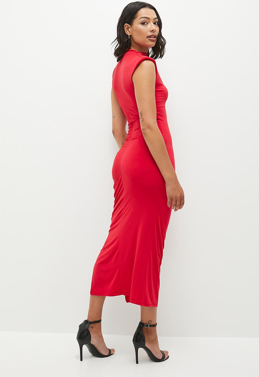edit - Sleeveless drape detail knit midi dress with slits - red