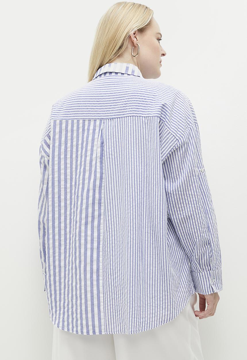 Me&B - Plus The Ultimate Oversized Shirt in Mixed Stripe - Blue Stripe