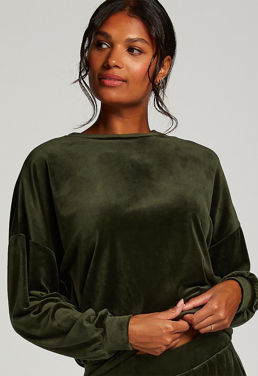 Hunkemoller - Top long sleeve velours crew - kombru green