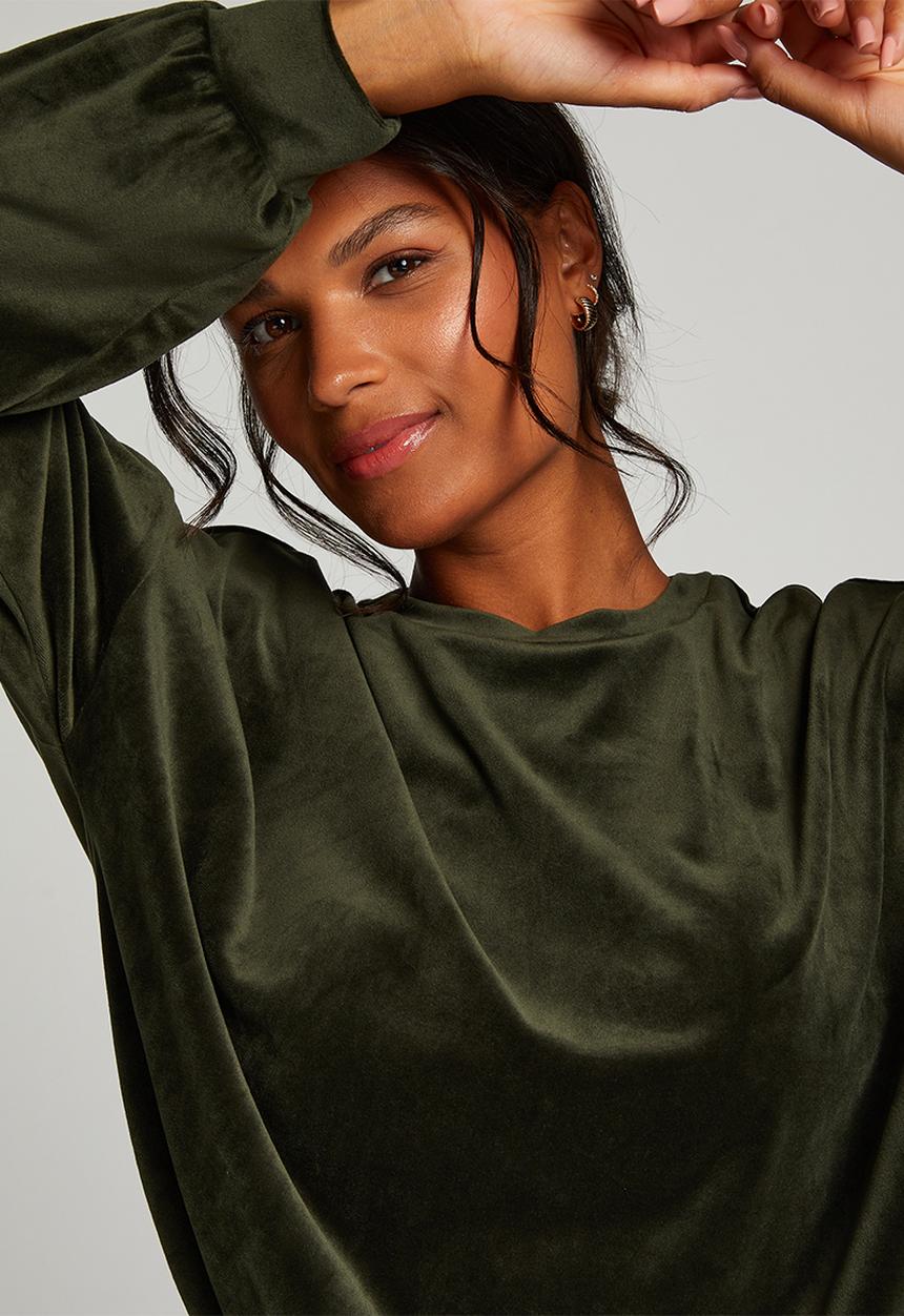 Hunkemoller - Top long sleeve velours crew - kombru green