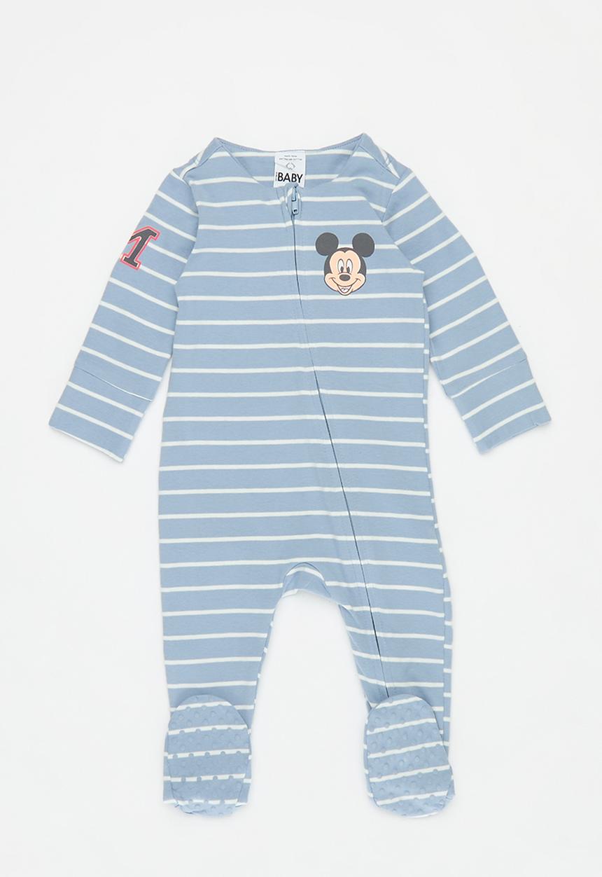 Cotton On - The long sleeve zip romper- lcn - lcn dis dusty blue/vanilla mickey badge