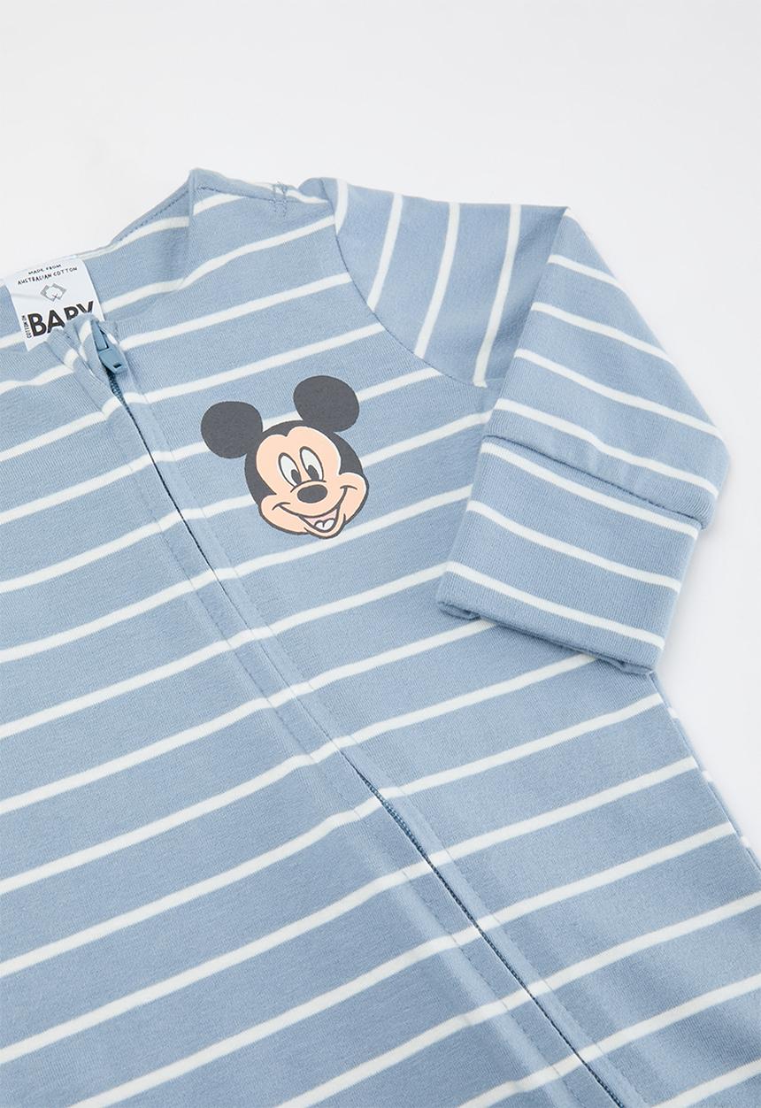 Cotton On - The long sleeve zip romper- lcn - lcn dis dusty blue/vanilla mickey badge