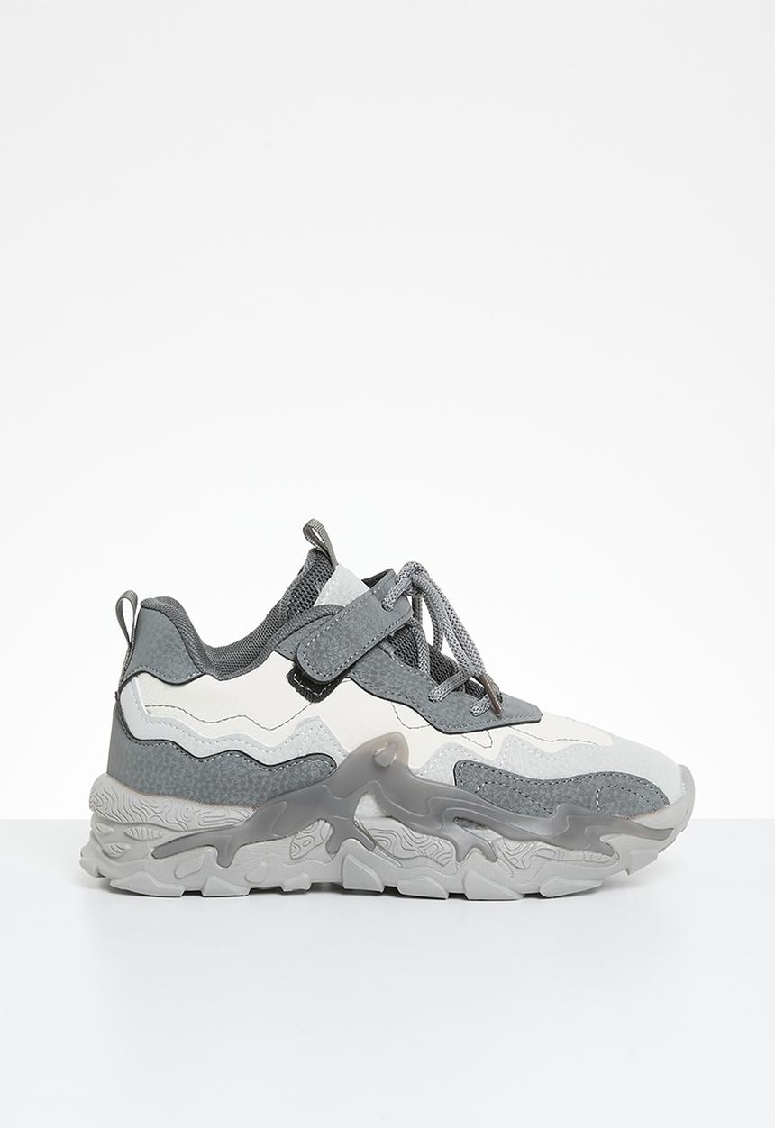 Lace & adjustable fastener strap chunky sneakers - grey