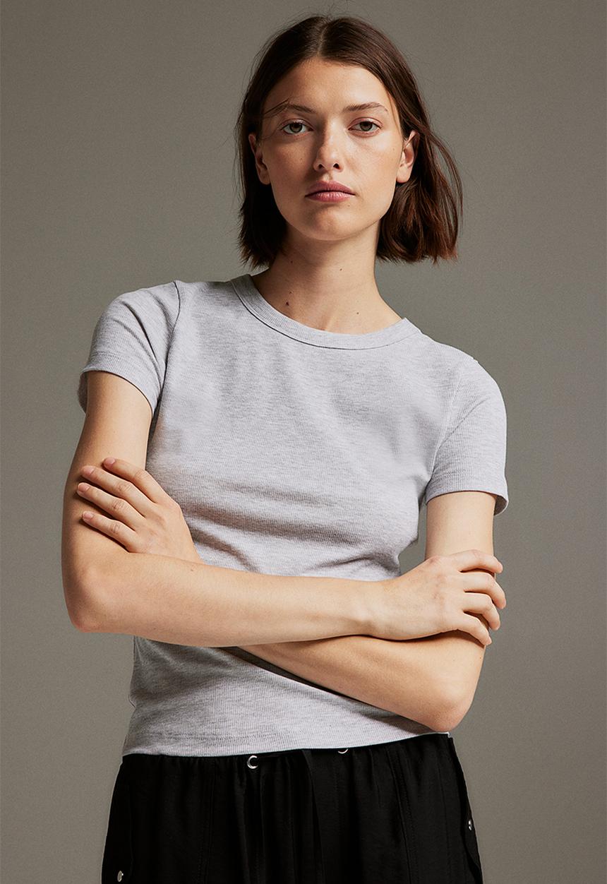 H&M - Ribbed modal-blend t-shirt -  light grey marl