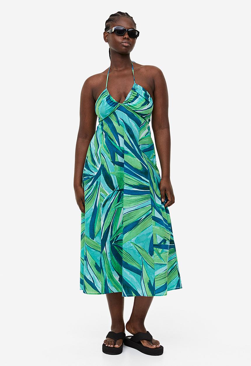 H&M - Cotton halterneck dress - turquoise patterned 