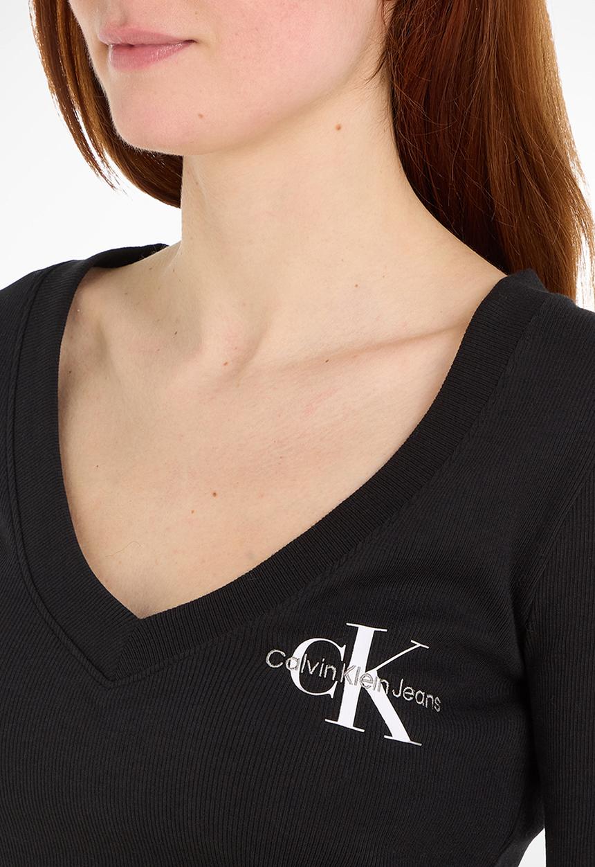 Calvin Klein - Rib v-neck monologo long sleeve - ck black