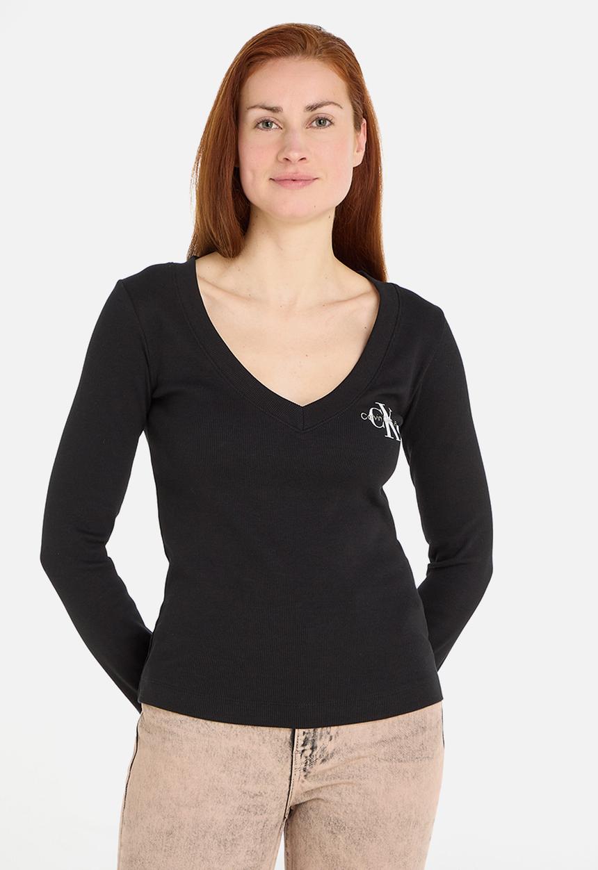 Calvin Klein - Rib v-neck monologo long sleeve - ck black