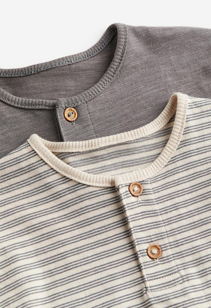 H&M - 2-Pack cotton henley tops - light beige striped
