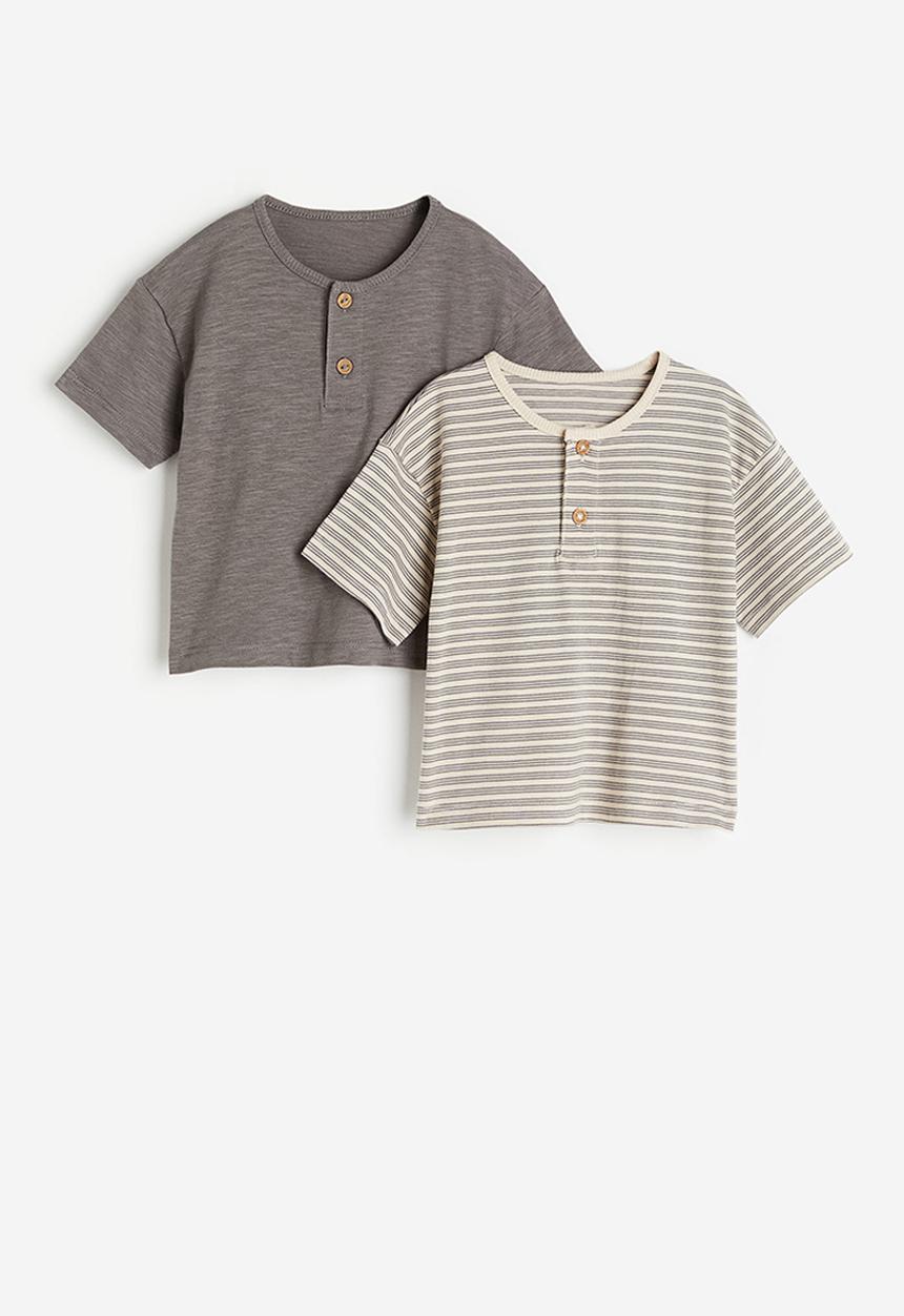 H&M - 2-Pack cotton henley tops - light beige striped