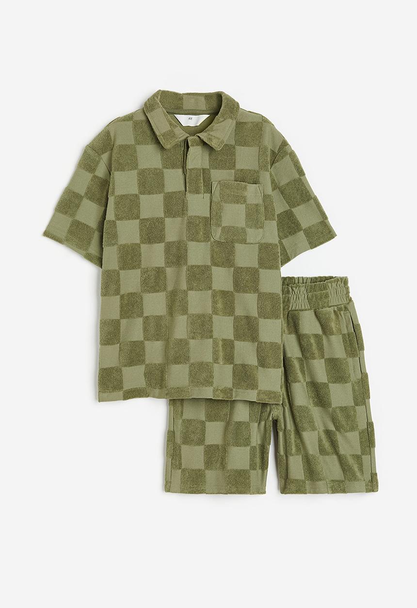 H&M - 2-Piece terry set - khaki green checked 