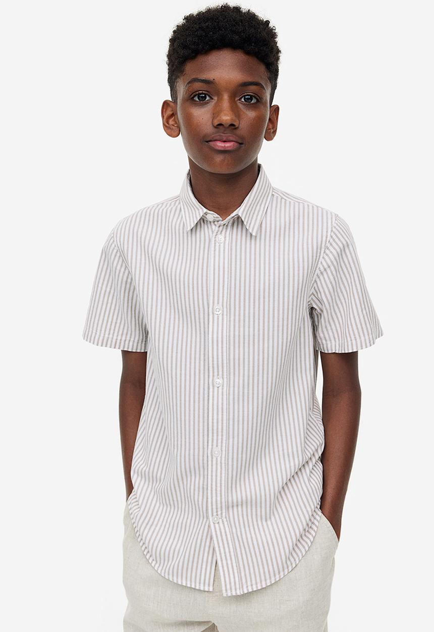 H&M - Short-sleeved cotton shirt - beige striped