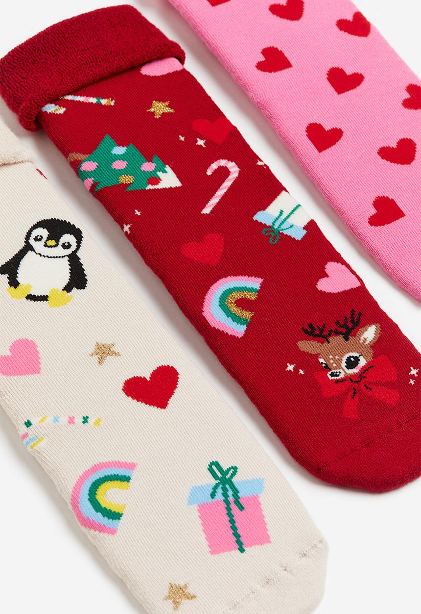H&M - 3-Pack terry socks - red patterned 