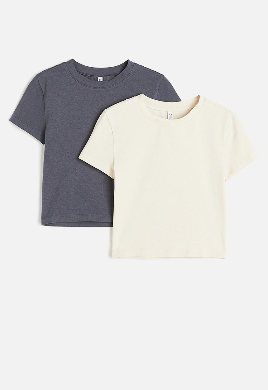 H&M - 2 Pack cropped T-shirts - light beige & dark grey