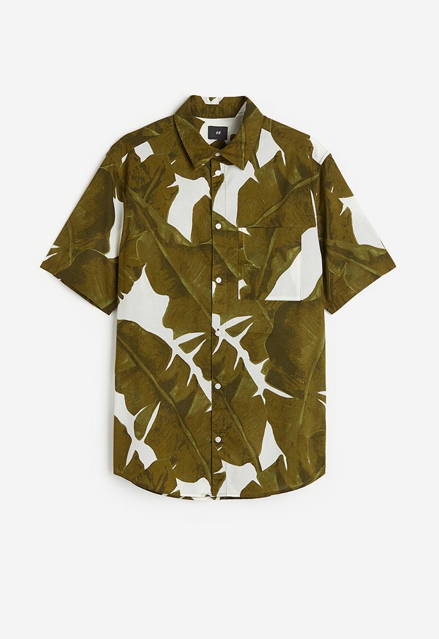H&M - Cotton shirt regular fit - khaki green & leaf-patterned