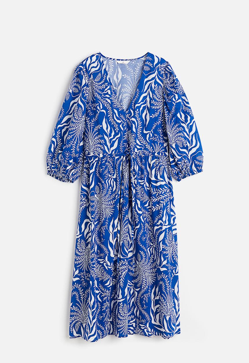 H&M - Balloon-sleeved cotton dress - bright blue patterned 