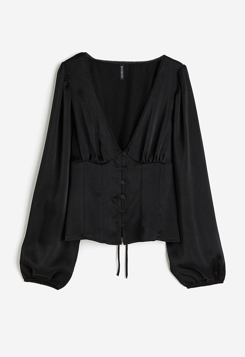 H&M - Balloon-sleeved satin blouse - black