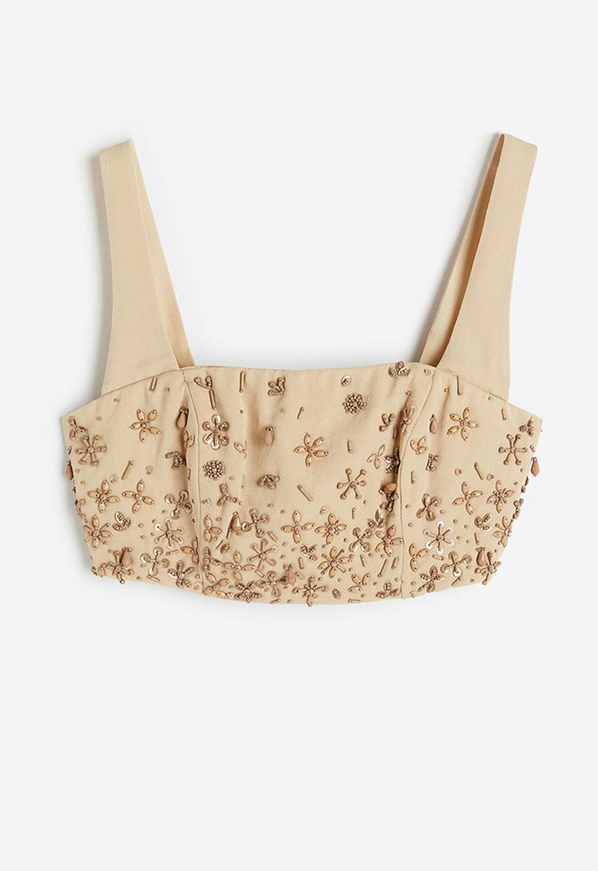 H&M - Beaded square-neck crop top - beige