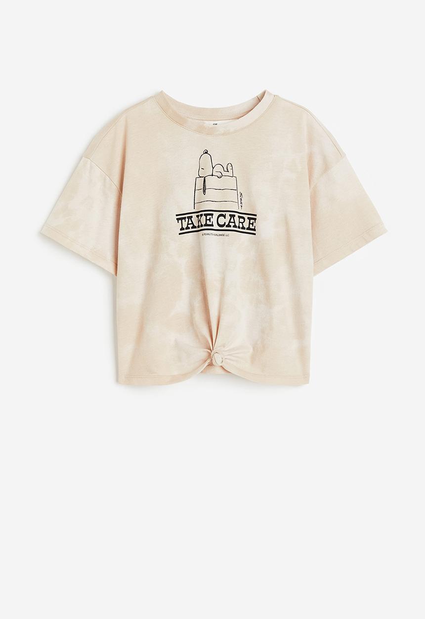 H&M - Tie-hem t-shirt - beige snoopy