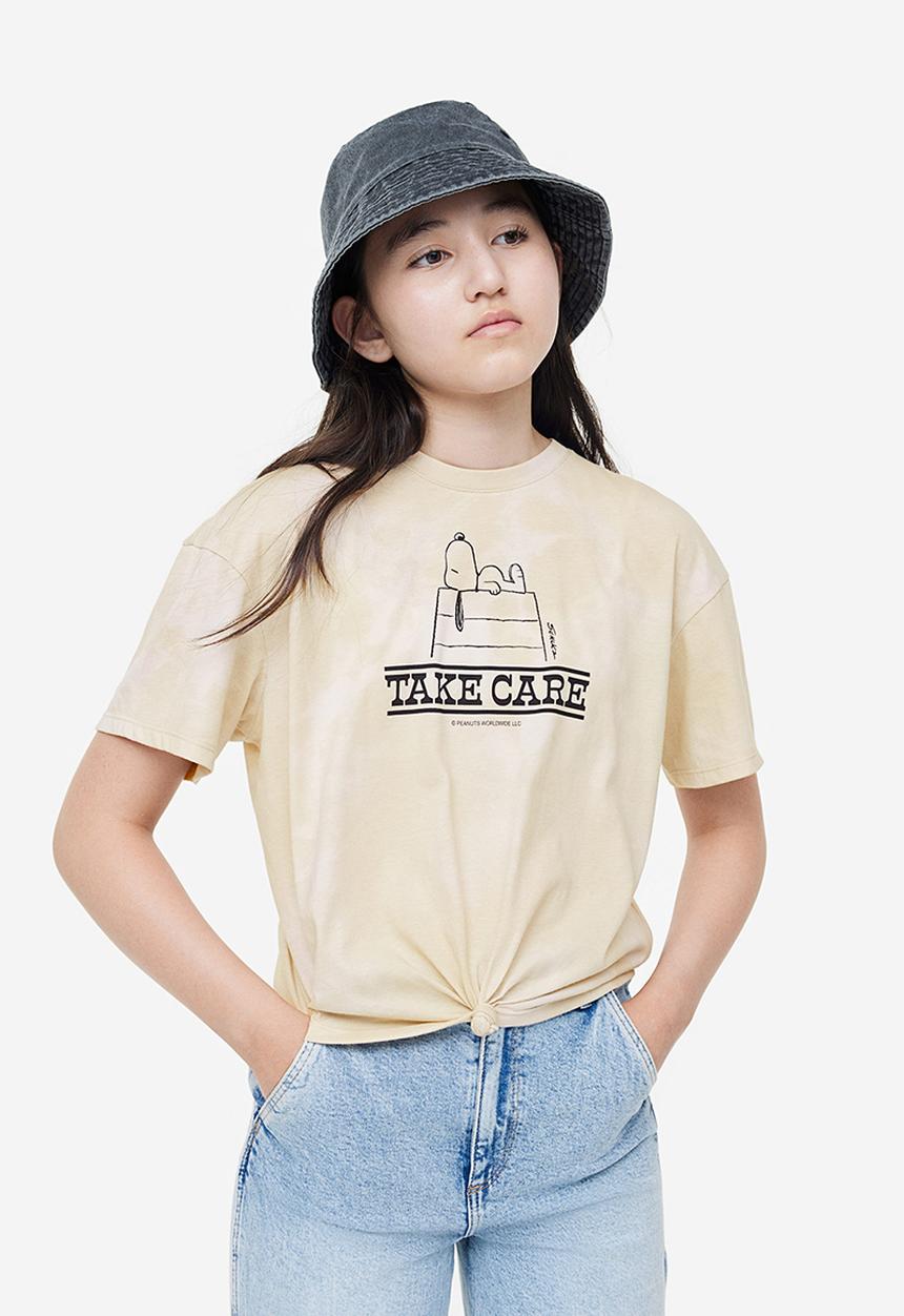 H&M - Tie-hem t-shirt - beige snoopy