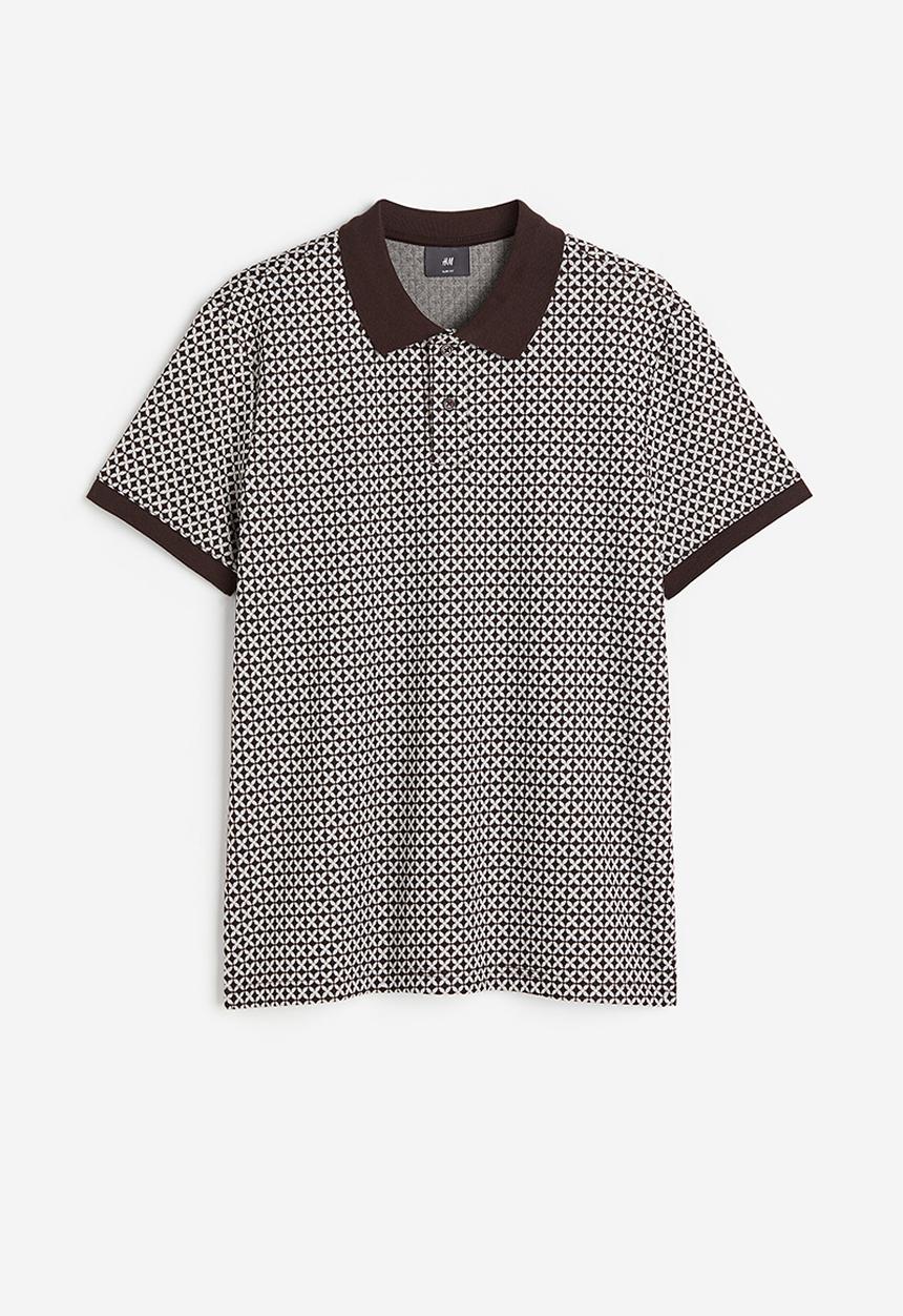 H&M - Slim fit jacquard-knit polo shirt - brown/patterned