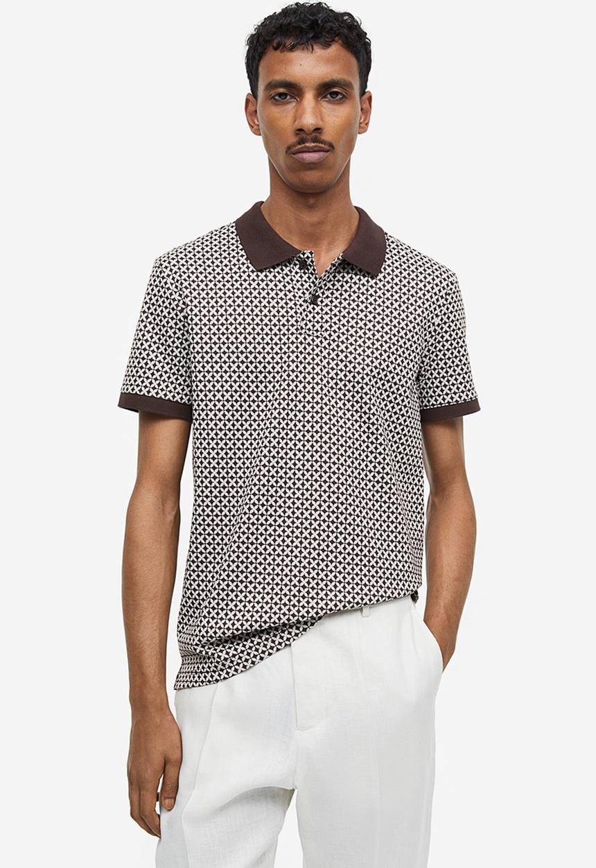 H&M - Slim fit jacquard-knit polo shirt - brown/patterned