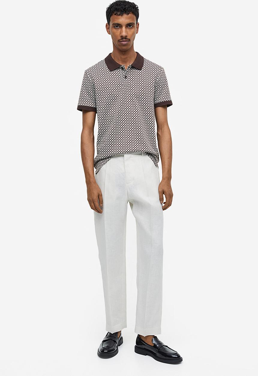 H&M - Slim fit jacquard-knit polo shirt - brown/patterned
