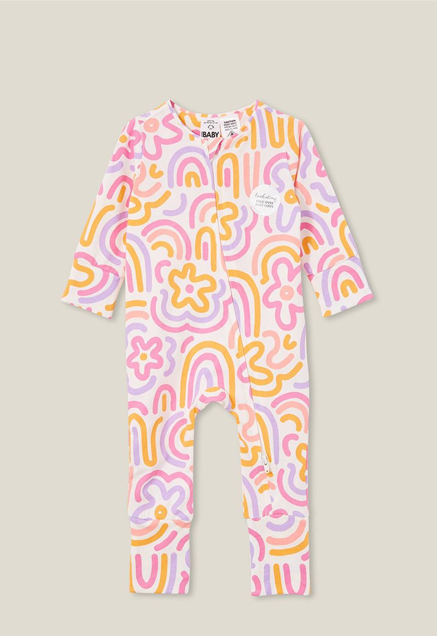 Cotton On - The long sleeve zip footless romper - vanilla/scribbly rainbows
