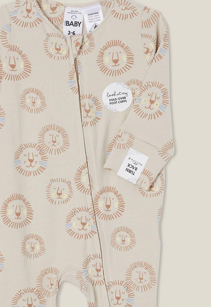 Cotton On - The long sleeve zip footless romper - rainy day/lion roar