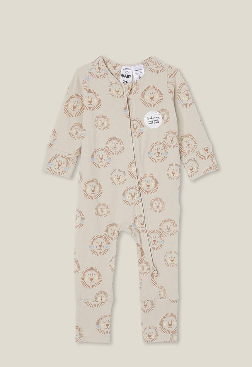 Cotton On - The long sleeve zip footless romper - rainy day/lion roar