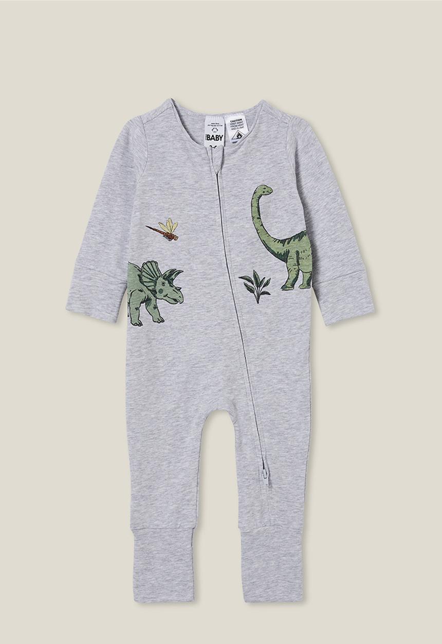 Cotton On - The long sleeve zip footless romper - cloud marle/dino spotting