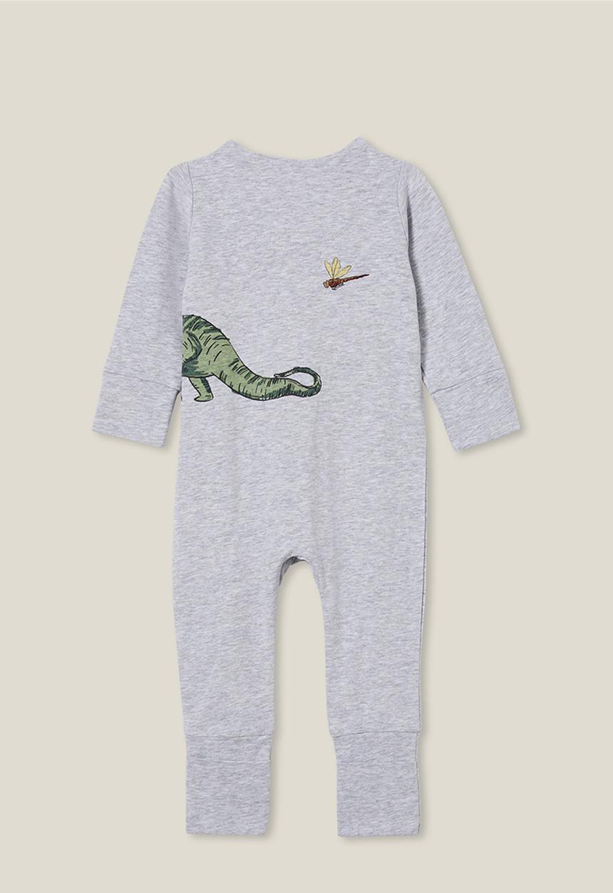 Cotton On - The long sleeve zip footless romper - cloud marle/dino spotting