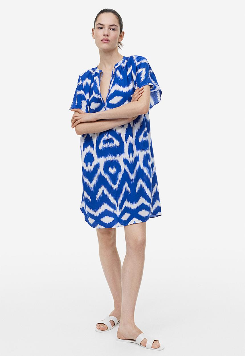 H&M - Cotton tunic dress - bright blue zigzag-patterned