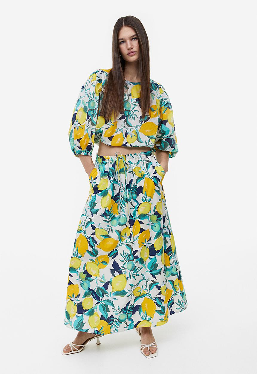 H&M - Flared skirt - white/lemons