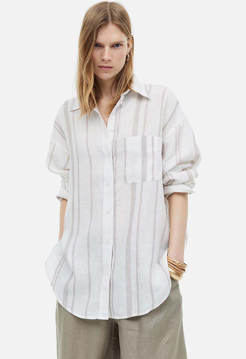 H&M - Oversized linen shirt - white & beige striped 