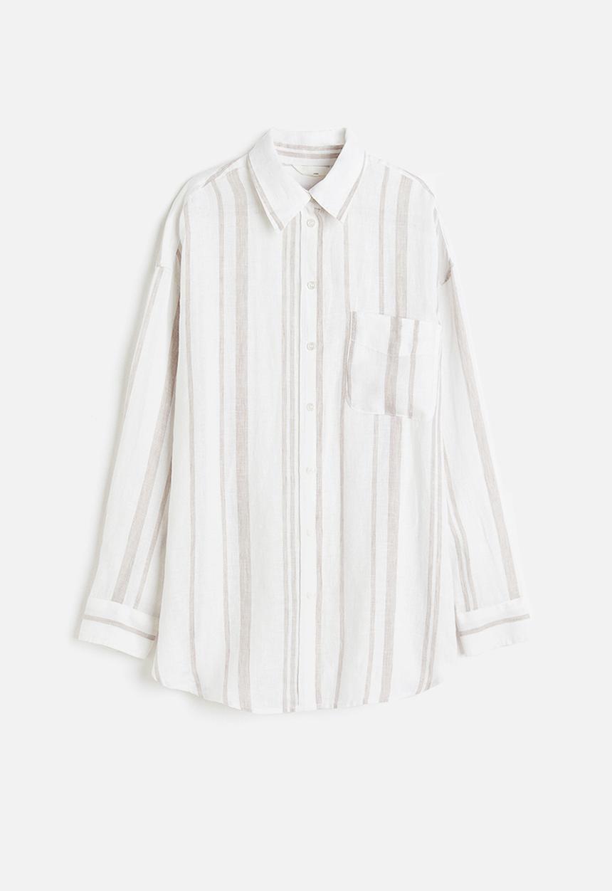 H&M - Oversized linen shirt - white & beige striped 
