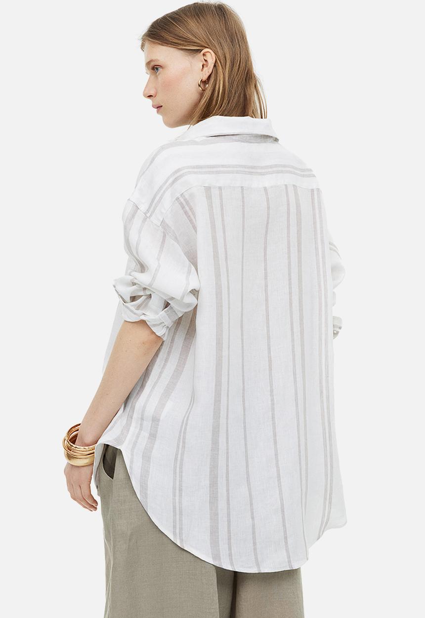 H&M - Oversized linen shirt - white & beige striped 