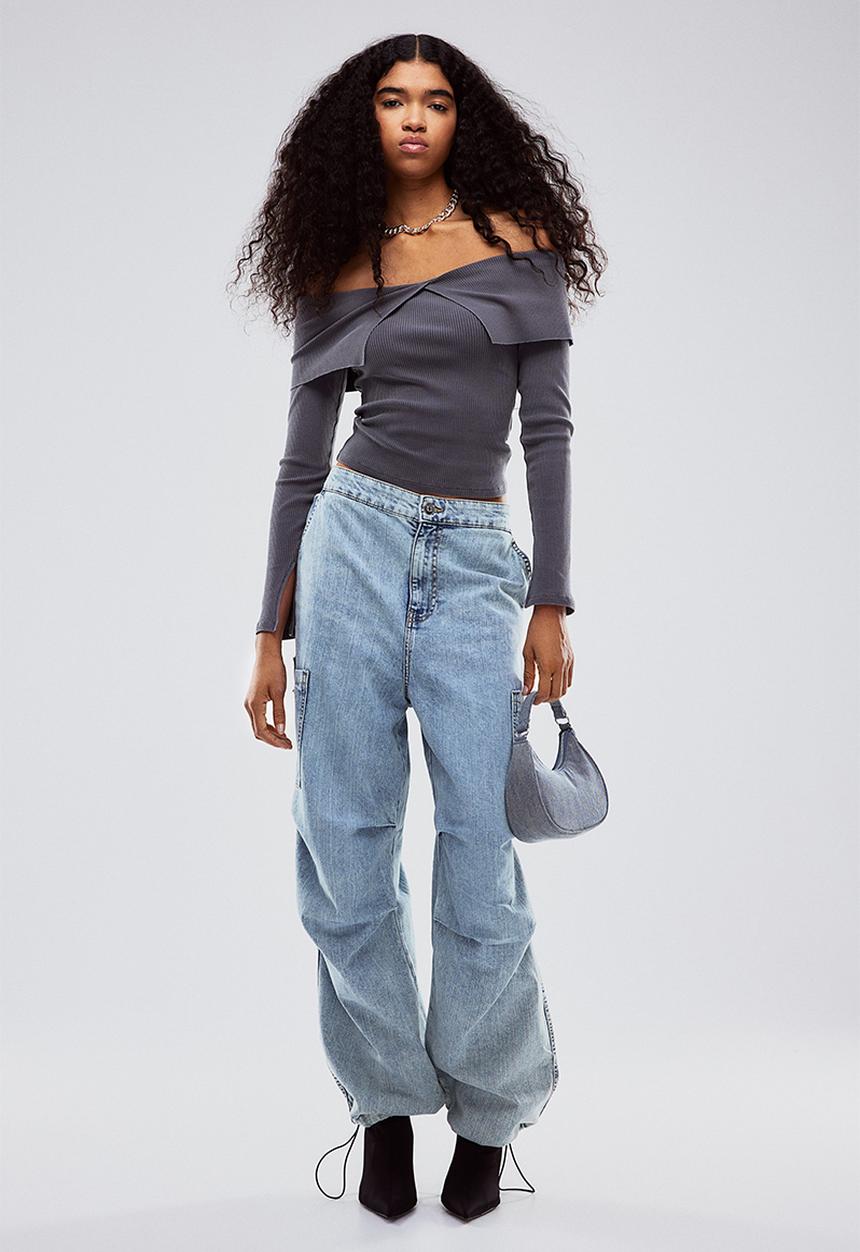H&M - Denim parachute trousers - pale denim blue