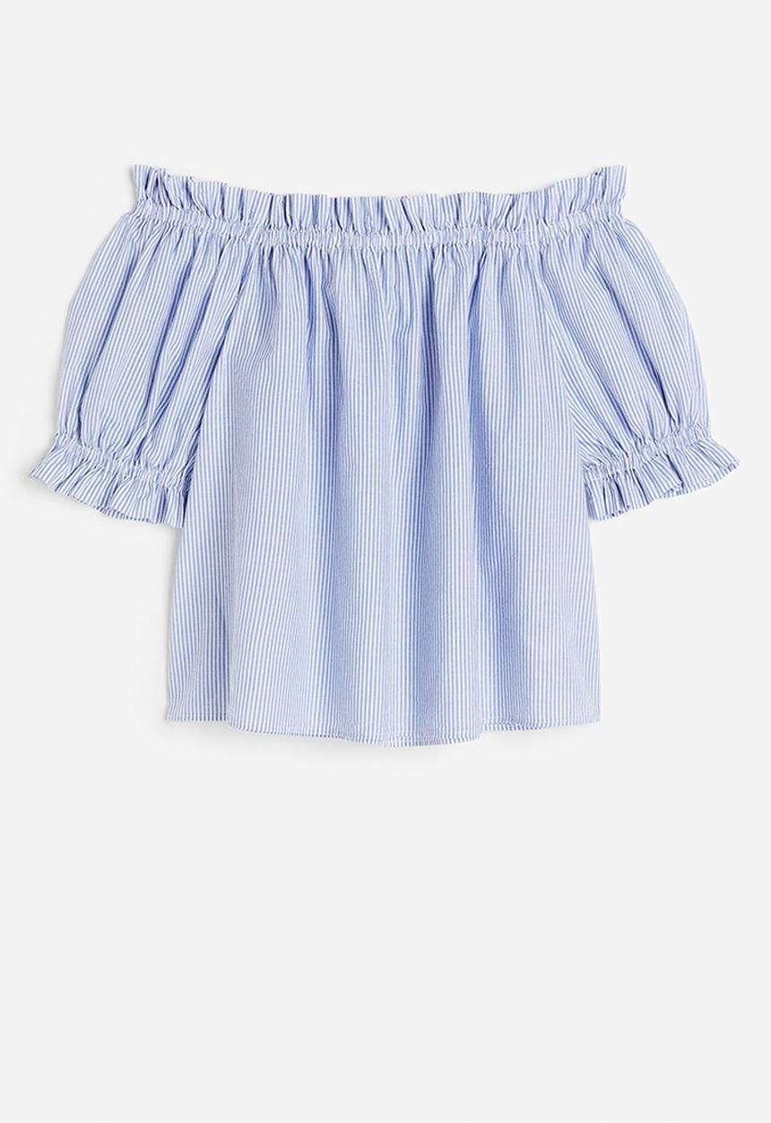 H&M - Frill-trimmed off-the-shoulder top - blue/striped